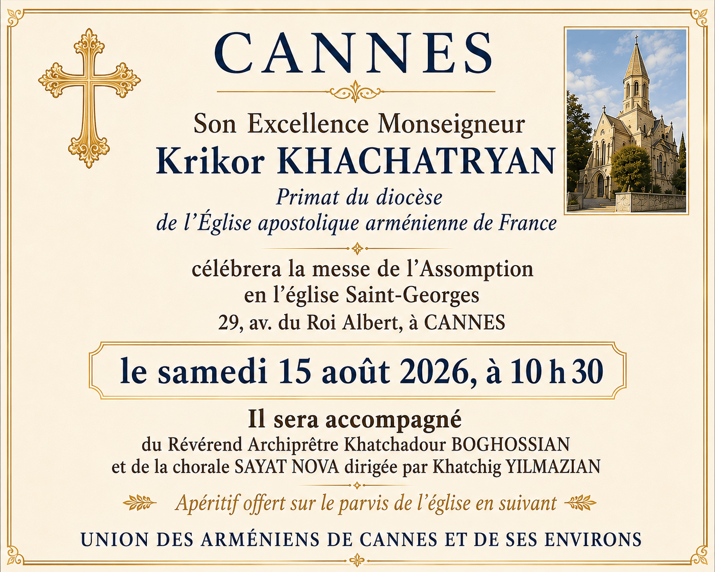 Messe de l&rsquo;Assomption à Cannes avec Son Excellence Krikor Kachatryan