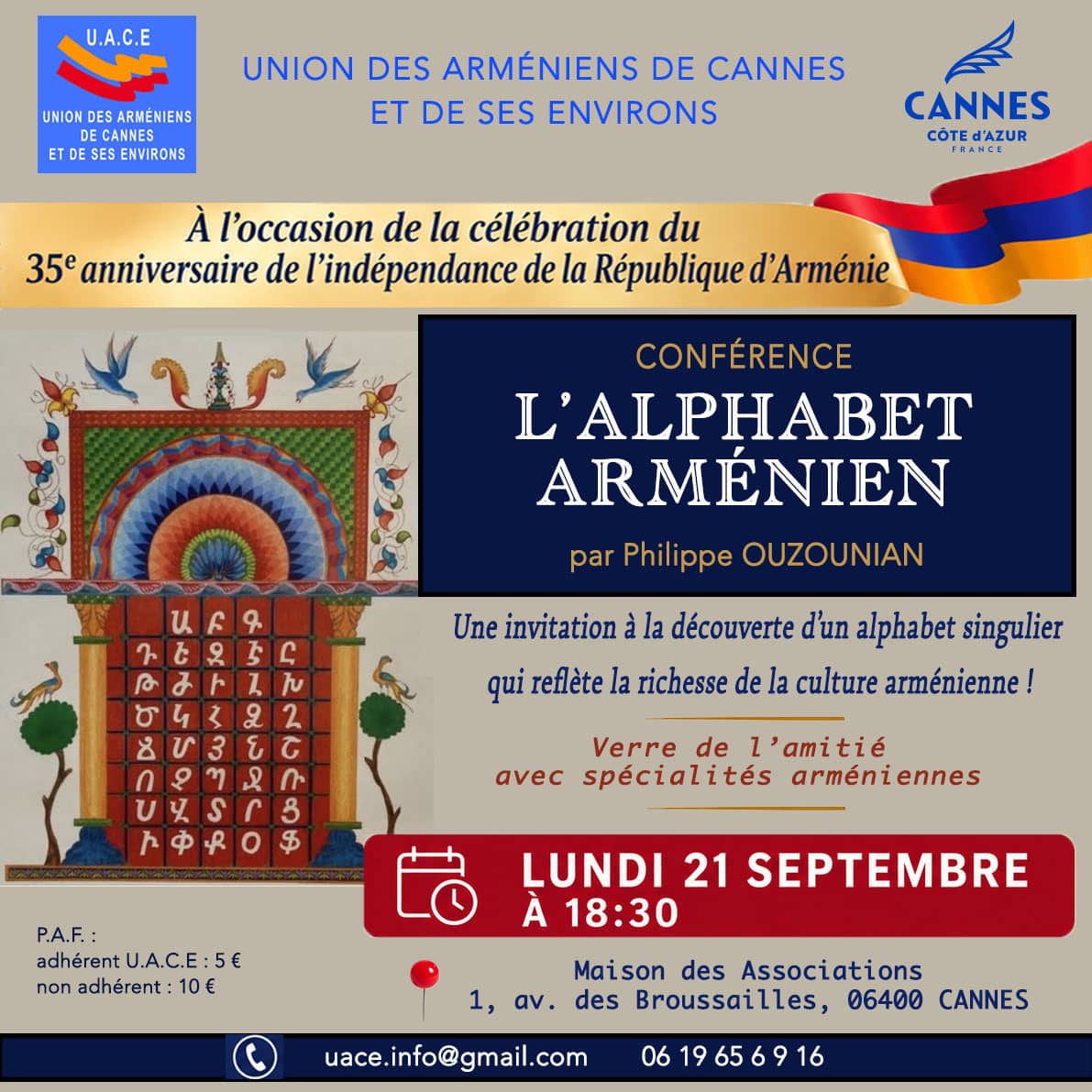 Conférence de Philippe Ouzounian autour de l&rsquo;alphabet arménien à Cannes le 21 septembre