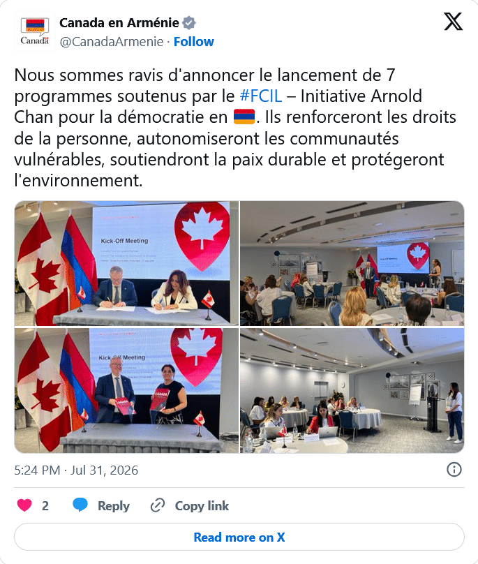 Canada en Arménie : lancement de 7 programmes soutenus par Initiative Arnold Chan pour la démocratie en 🇦🇲