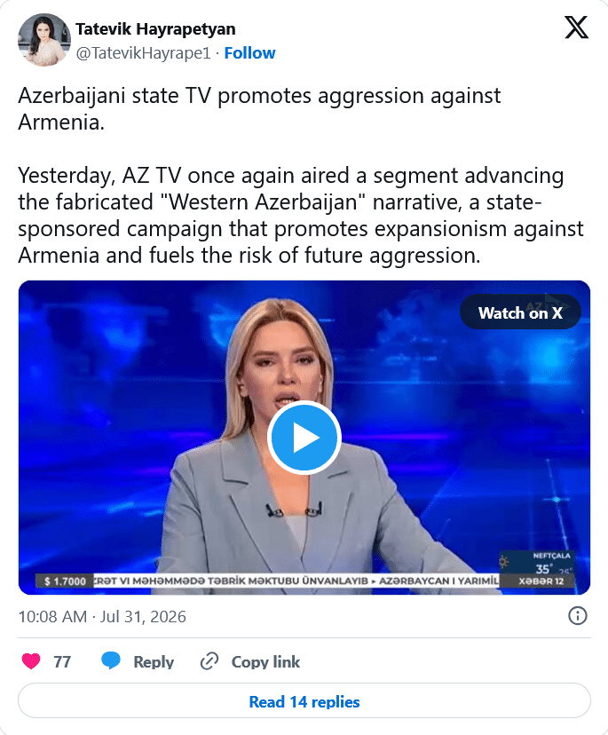 Tatevik Hayrapetyan : La télévision d&rsquo;État azerbaïdjanaise encourage l&rsquo;agression contre l&rsquo;Arménie