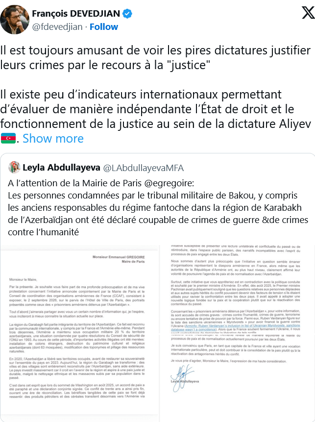 F. Devedjian : Il est toujours amusant de voir les pires dictatures justifier leurs crimes par le recours à la « justice »