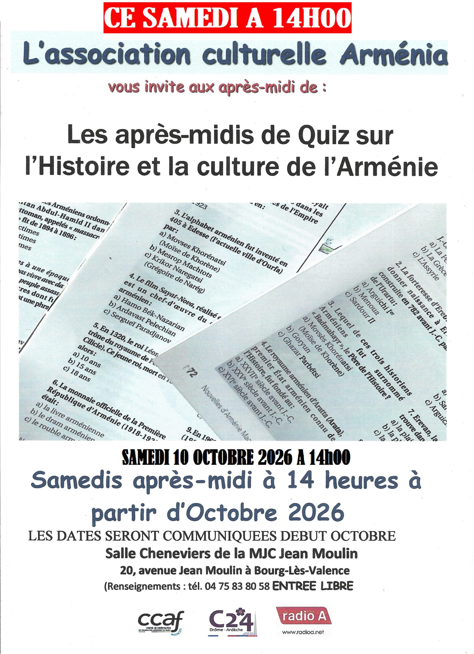 Quiz d’« Arménia » sur l’Histoire et la culture de l’Arménie cet après-midi à Bourg-lès-Valence