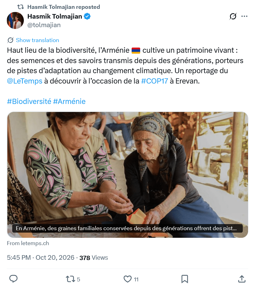 Hasmik Tolmajian : Haut lieu de la biodiversité, l’Arménie 🇦🇲 cultive un patrimoine vivant