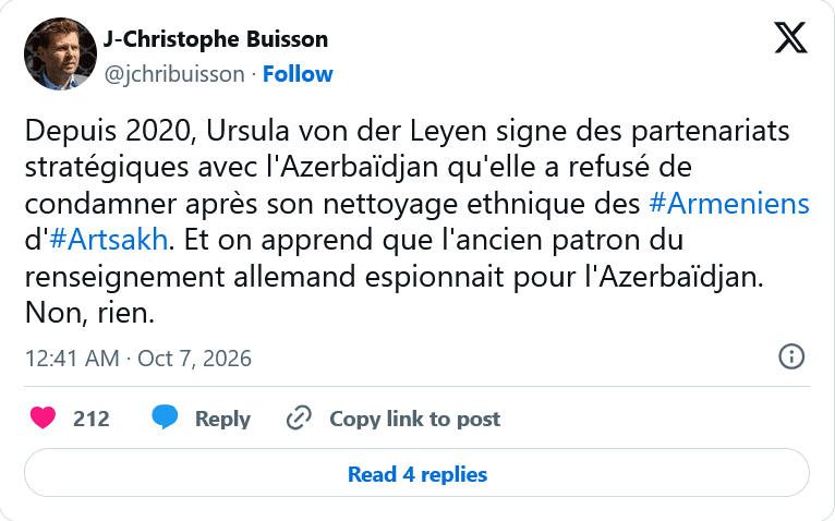 J.C. Buisson :  on apprend que l&rsquo;ancien patron du renseignement allemand espionnait pour l&rsquo;Azerbaïdjan.