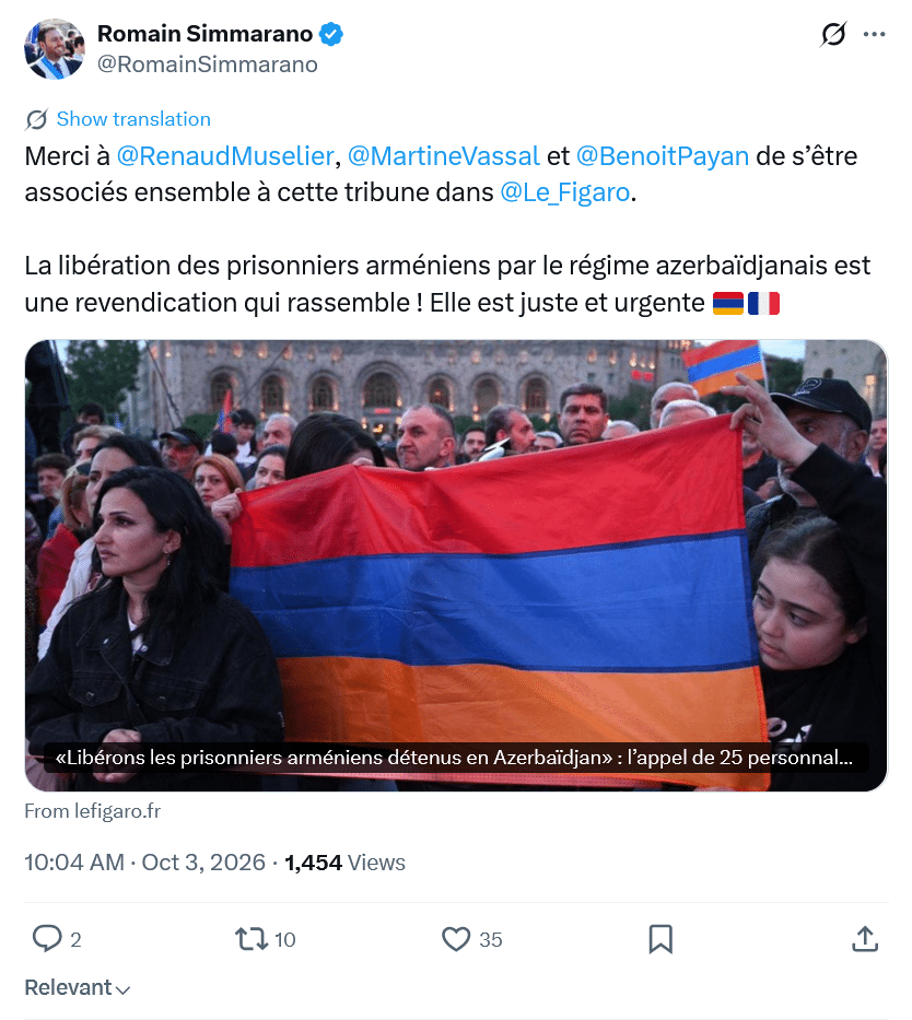 Romain Simmarano : La libération des prisonniers arméniens par le régime azerbaïdjanais est une revendication juste et urgente