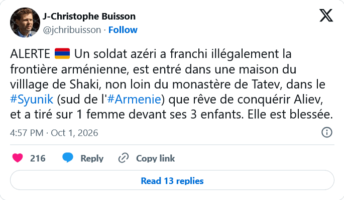 J-Christophe Buisson  : Un soldat azéri a franchi illégalement la frontière arménienne,